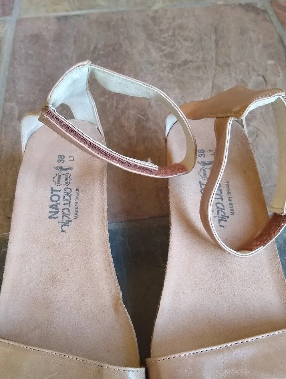 Naot Tan Leather Ankle-Strap Wedge Sandals with Cork Footbed